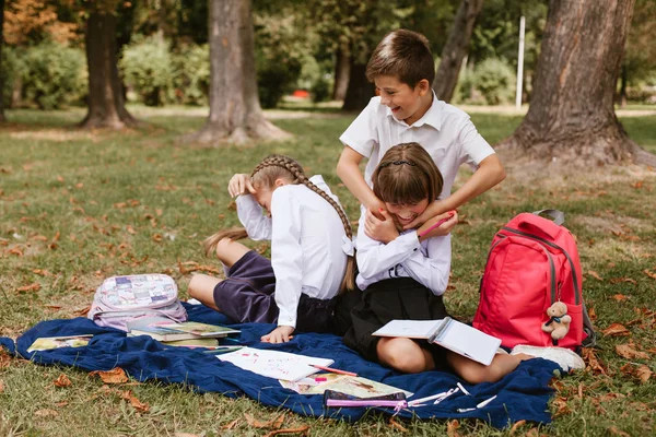 小学生は楽しんでいる 公園で楽しむ子供たち — ストック写真