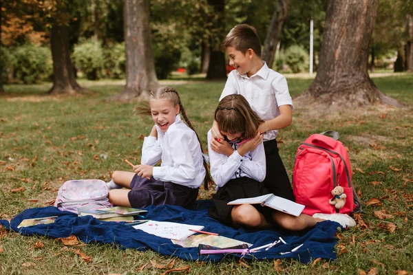 小学生は楽しんでいる 公園で楽しむ子供たち — ストック写真