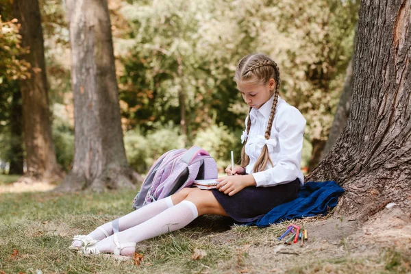 A schoolgirl does lessons in a park under a tree .schoolgirl sits under a tree in the park