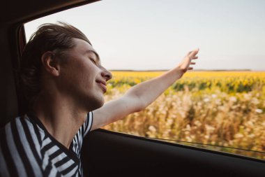 Ayçiçekleri ile alanında araba penceresinden görünümü. Adam sahadaki arabanın camından dışarı bakıyor.