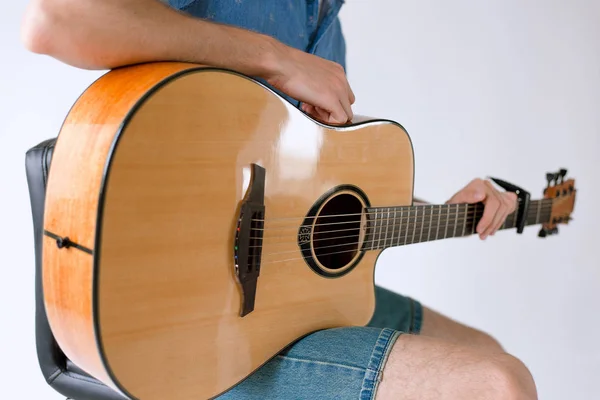 Handsome Cheerful Guy Musician Shirt Playing Guitar — Stock Photo, Image