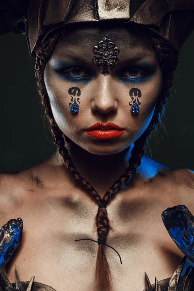 Beautiful Emotional Girl Dark Background Studio Terrible Makeup Halloween — Stock Photo, Image