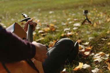 Sonbahar arka plan bir gitar ile parkta sarı yaprakları ile