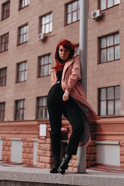 Beautiful Stylish Girl Red Hair Walks City Her Hair Wind — Stock Photo, Image