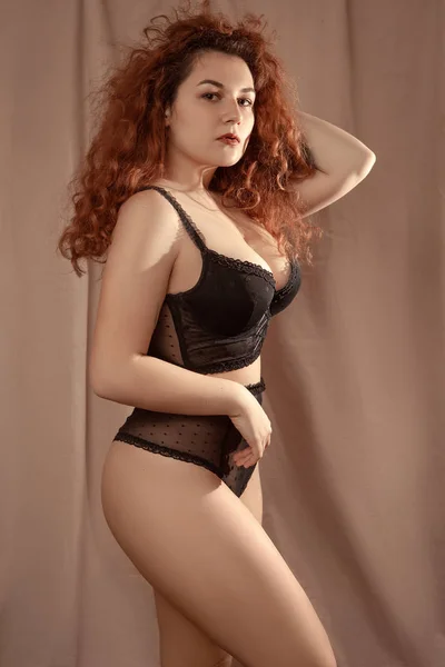Beautiful Young Girl Curly Red Hair Lingerie — Stock Photo, Image