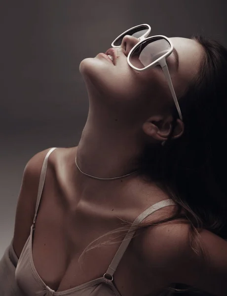 Beautiful Slim Girl Retro Glasses Lingerie Jacket — Stock Photo, Image