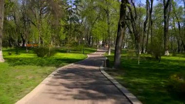  Kamera Şehir Parkı yolda devam edelim. Güneşli bahar günü mavi gökyüzü. Rekreasyon alanı. Mariinskiy Park Kiev Ukrayna 20 Nisan 2018