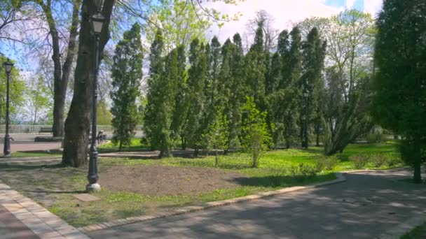 Stadtpark Urbaner Grünraum Bäume Graspflanzen Sonniger Tag Blauer Himmel Frühlingszeit — Stockvideo