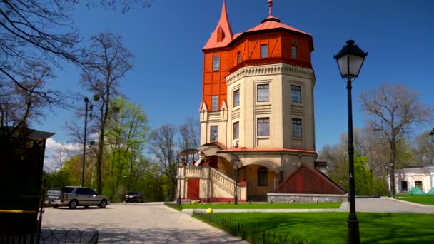 Old Water Tower 19Th Century Green Grass Blue Sky Bright — Stock Video