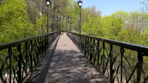 歩道橋の上を歩いてください カメラは 橋の上に高速移動します 春のウクライナ キエフ 2018 — ストック動画