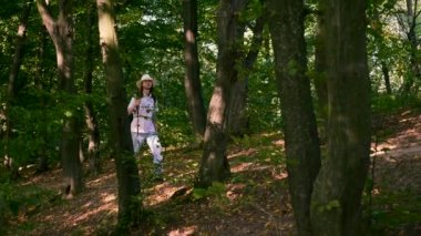 Atış kaydırma. Sırt çantası ve sopa ile ahşap beyaz adam turist Hiking. Yavaş hareket 4k