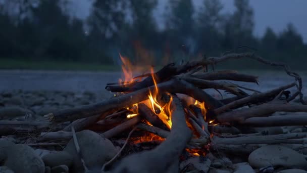 Lagerfeuer Felsigen Flussufer Abend Gebirge Waldnähe — Stockvideo