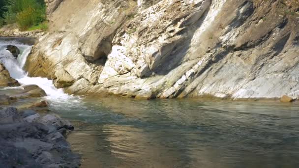 Κάμερα Panning Βράχια Κοντά Στον Ποταμό Βουνό Στο Ξύλο Ηλιόλουστη — Αρχείο Βίντεο