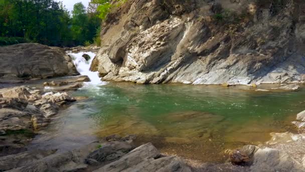 Gimbal Shot Panorama Waterfalls Rocks Stones Boulders Mountain River Stream — Stock Video