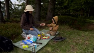 Ormandaki dağın zirvesinde aile pikniği. Çocuk yemek yiyecek. Anne ve oğlu seyahat tatil gezi.