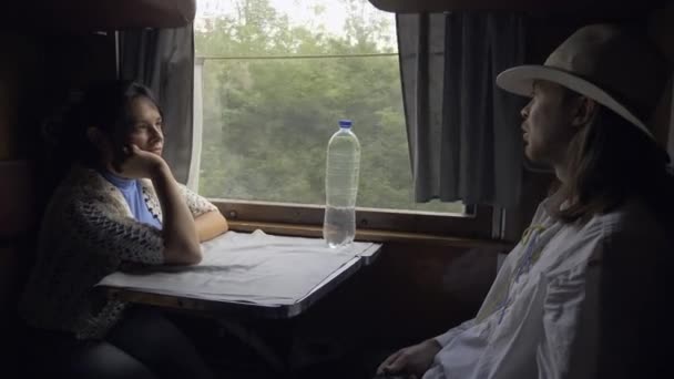 Man Woman Talk Old Vintage Train Passenger Carriage Sambil Duduk — Stok Video