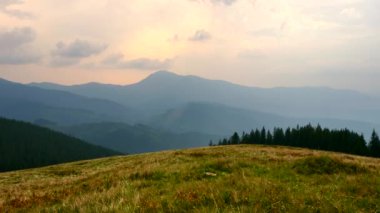 Doğa manzaralı Panorama görünüm dağın zirvesinde. Karpat Dağları doruklarına. Bulutlar ormanda çayır çimen