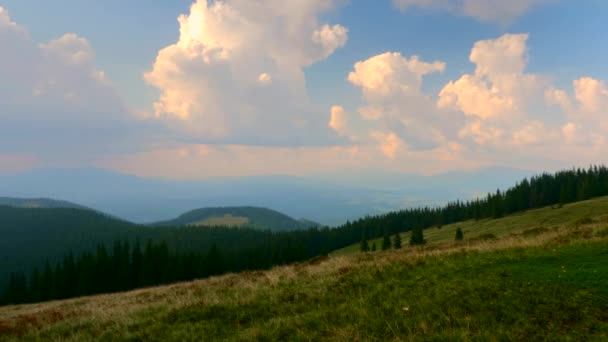 Vista Panorâmica Panorâmica Topo Montanha Carpathian Mountains Peaks Nuvens Bosques — Vídeo de Stock