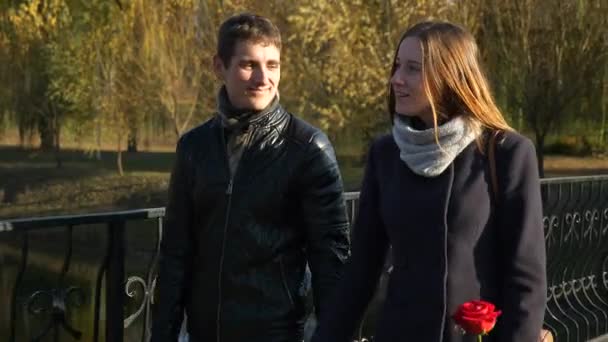 60P Casal Feliz Ponte Parque Cidade Romântico Namoro Joyful Man — Vídeo de Stock