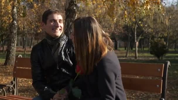 60P Romantyczne Randki Para Siedzi Ławce Parku Przytulanie Rozmowa Jesienny — Wideo stockowe