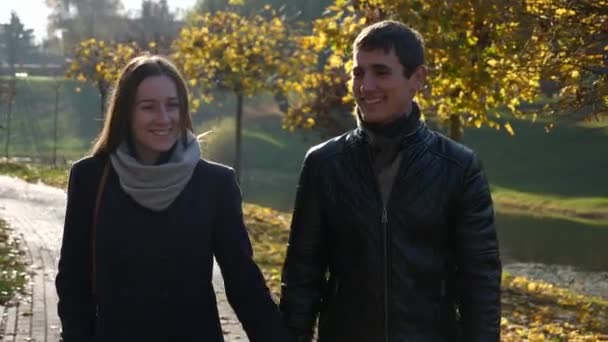 60P Jeune Couple Sortir Ensemble Promenade Romantique Dans Parc Municipal — Video