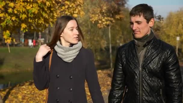 若いカップル デートします 都市公園のロマンチックな散歩 幸せな男と女は 手を握る 秋の晴れた日 — ストック動画