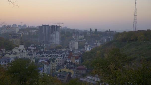 Kvällen Stadsbilden Panorama Historiska Stadsdelen Podil Huvudstaden Kiev Ukraina 2019 — Stockvideo