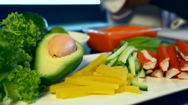 Close-up Vegetables Fruits Meat on Kitchen Table. Chef Cook Preparing Sushi At Restaurant. Food Ingredients For Cooking Meal — Stock Footage Close Vegetables Fruits Meat Kitchen Table Chef Cook Preparing Sushi Royalty Free Stock Footage