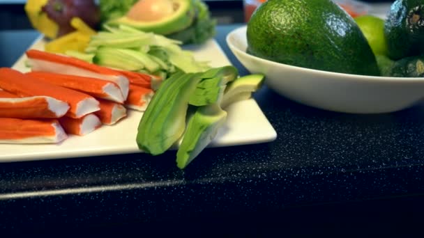 Close-up Vegetables Fruits Meat on Kitchen Table. Chef Cook Preparing Sushi At Restaurant. Food Ingredients For Cooking Meal — Stock Footage Close Vegetables Fruits Meat Kitchen Table Chef Cook Preparing Sushi Stock Footage