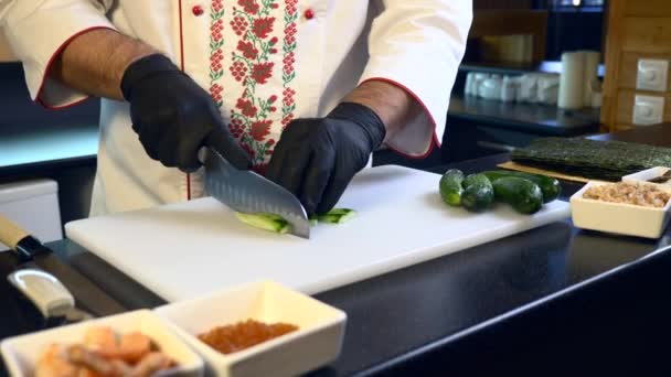 Close Hands Kitchen Knife Cutting Cucumber Slices Chef Cook Preparing — Stock Video