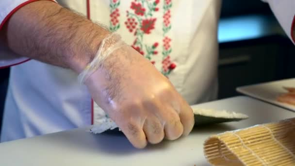 Close Hands Making Long Sushi Rolls Nigiri Japanese Cuisine Master — Stockvideo