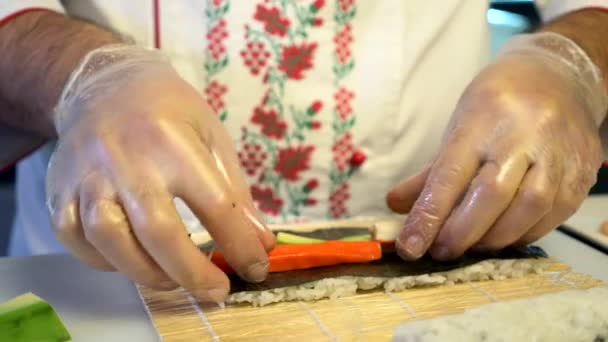 Close Hands Making Long Sushi Rolls Nigiri Japanese Cuisine Master — Stockvideo