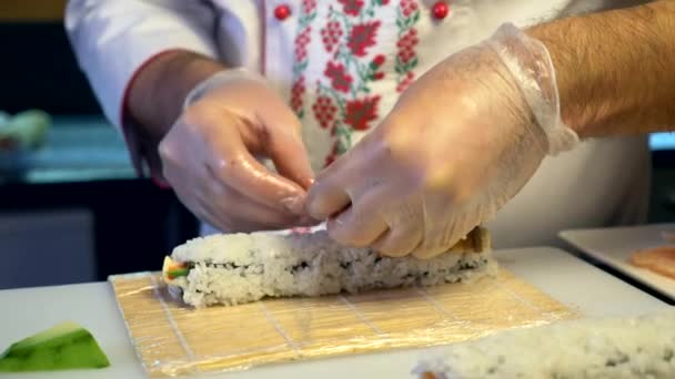 Close Hands Making Long Sushi Rolls Nigiri Japanese Cuisine Master — Stock Video