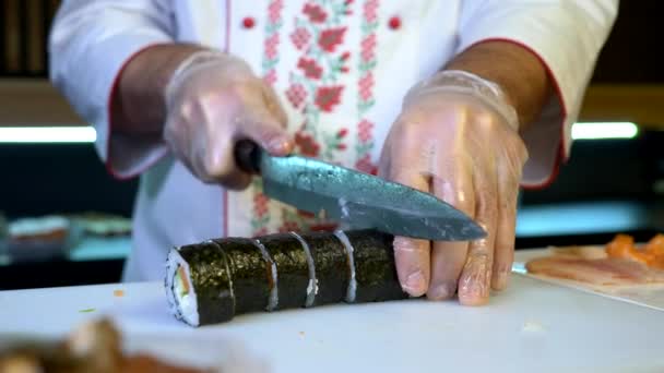 Close Hands Making Long Sushi Rolls Nigiri Japanese Cuisine Master — Stockvideo