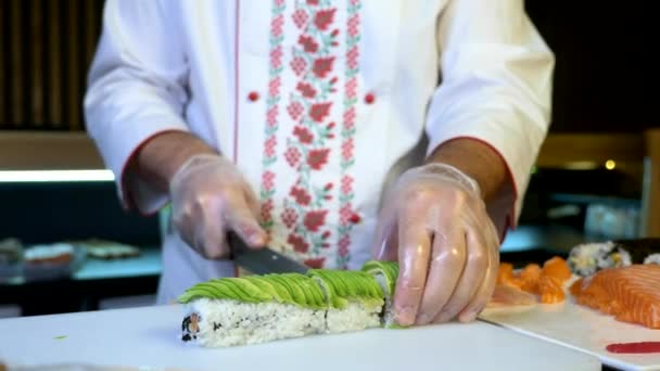 Close Hands Making Long Sushi Rolls Nigiri Japanese Cuisine Master — Stock Video