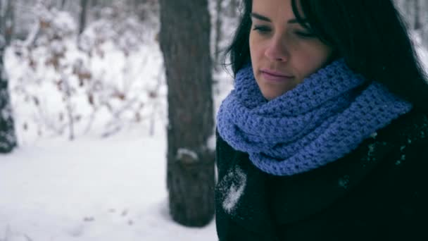 Triste Hermosa Chica Pensando Caminar Bosque Invierno Durante Nevada Vacaciones — Vídeos de Stock