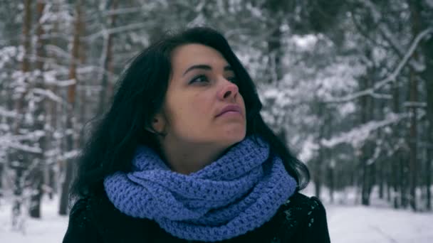 悲伤美丽的女孩认为在冬季森林散步在降雪 自然上的假期 寒冷的霜冻天气 雪覆盖在树林里的树 慢动作60帧 — 图库视频影像