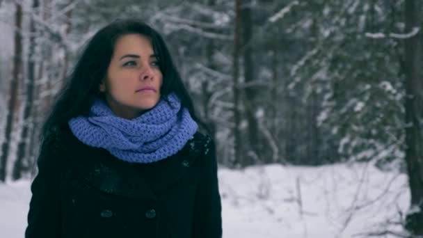 Menina Bonita Triste Pensando Andando Floresta Inverno Durante Queda Neve — Vídeo de Stock