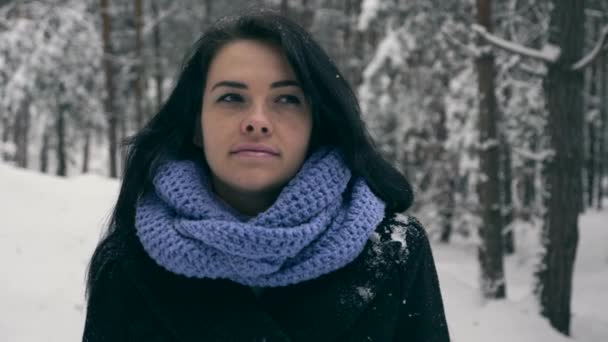 肖像漂亮严重的女孩思考和仰望天空 寒假假期 降雪期间的冬季森林 霜冻天气雪覆盖树木在木材 慢动作60帧 — 图库视频影像