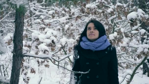 严重漂亮的女孩漫步在冬季森林中的自然在降雪 冬季徒步旅行 霜冻天气雪覆盖树木在木材 慢动作60帧 — 图库视频影像