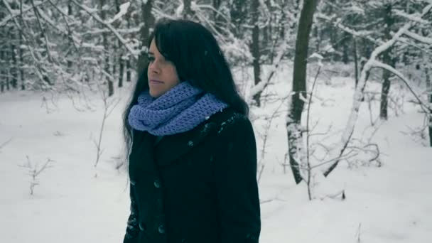 Poważne Ładna Dziewczyna Spacery Kontakcie Przyrodą Zimowym Lesie Podczas Opadów — Wideo stockowe