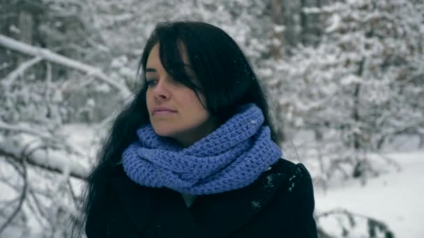 Θλιβερή Όμορφο Κορίτσι Κοιτάζοντας Προς Κάτω Αναστατωμένος Σκέψης Χειμώνας Δάσος — Αρχείο Βίντεο