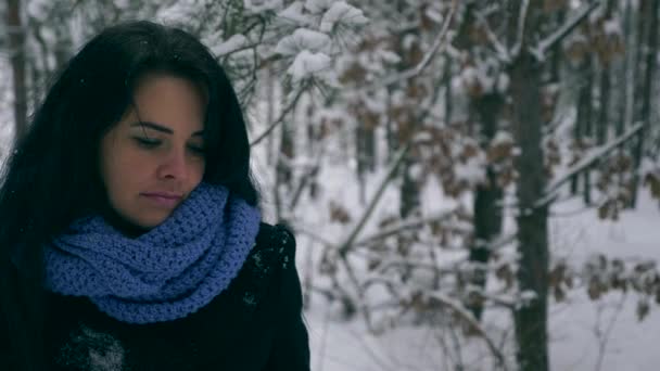 Triest Mooi Meisje Boos Neerkijkt Denken Winter Bos Tijdens Sneeuwval — Stockvideo