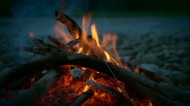 Yakın çekim dağ Nehri kıyısında kayalık yakınında kamp ateşi. Dağ orman Park'da yürüyüş. Aktif turizm seyahat