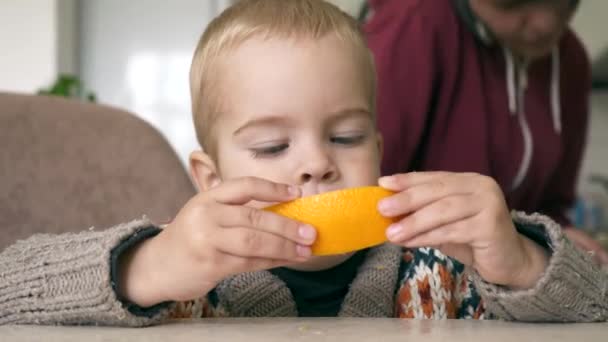 60P Aranyos Kisfiú Ízletes Narancs Eszik Konyhában Háttérben Szülők Elfoglalt — Stock videók