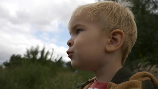 Serious Cute Child Señala Con Dedo Hacia Arriba Cielo Nublado — Vídeos de Stock