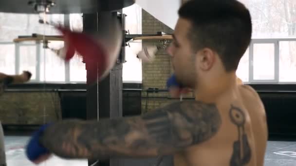 Close Movimento Lento Dois Boxers Hit Wrapped Fists Speed Bags — Vídeo de Stock