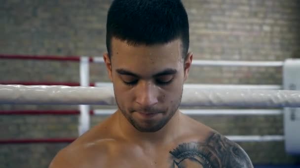 60P Close Muscular Professional Boxer Descansando Anel Boxe Após Treinamento — Vídeo de Stock