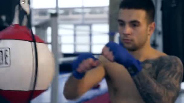 60P Close Young Boxer Golpea Saco Boxeo Caucásico Hombre Entrenamiento — Vídeos de Stock