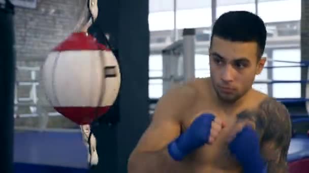 60P Close Young Boxer Golpea Saco Boxeo Caucásico Hombre Entrenamiento — Vídeo de stock